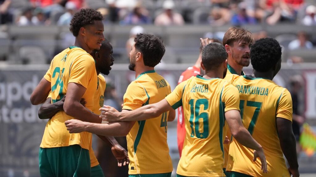 The Socceroos celebrate their goal by Tete Yengi (l) in a 1-1 draw with Switzerland.
