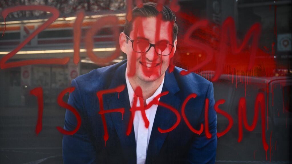 Josh Burns had to face anti-Semitic slurs written across the facade of his electorate office.
