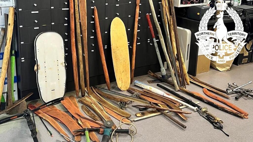 NT Police have seized traditional and improvised weapons after a brawl involving up to 100 people.
