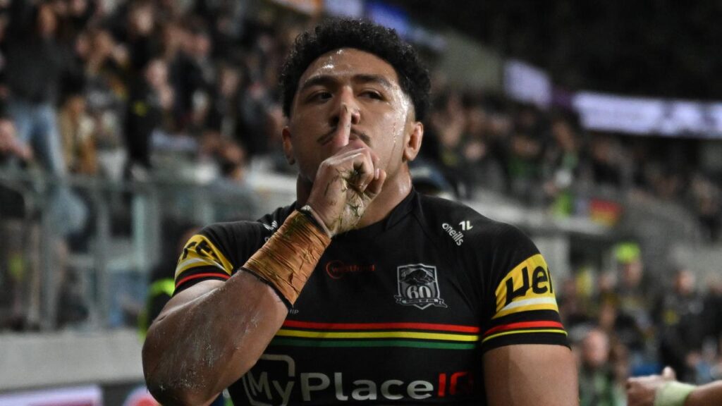 Paul Alamoti makes his point after helping Penrith to edge the Warriors. 
