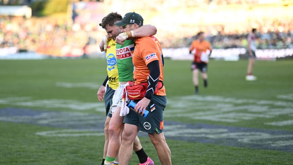 Canberra star Hudson Young is taken from the field with an Achilles injury against Souths.
