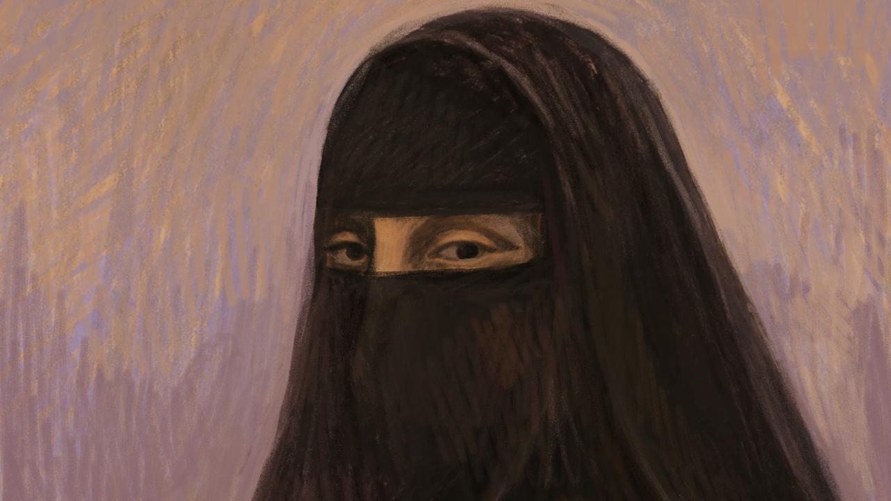 court sketch of woman in full Islamic dress