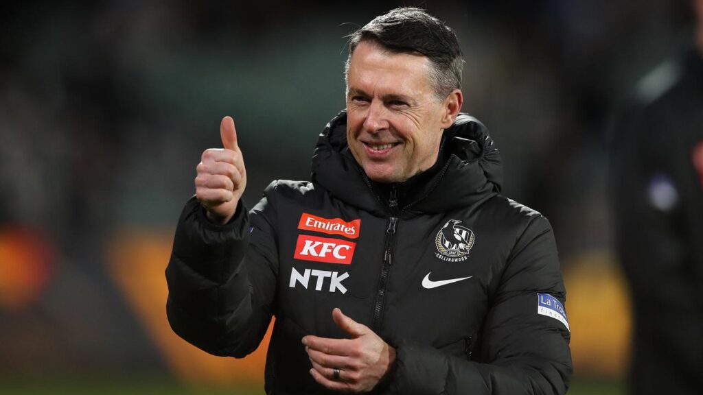 Collingwood coach Craig McRae gives the thumbs up after a stunning 34-point away win over Adelaide.
