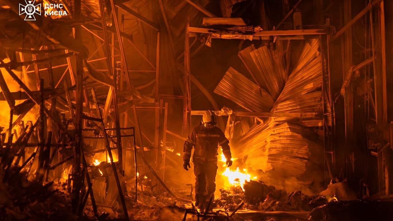 A fire following a Russian air attack in Kyiv, Ukraine
