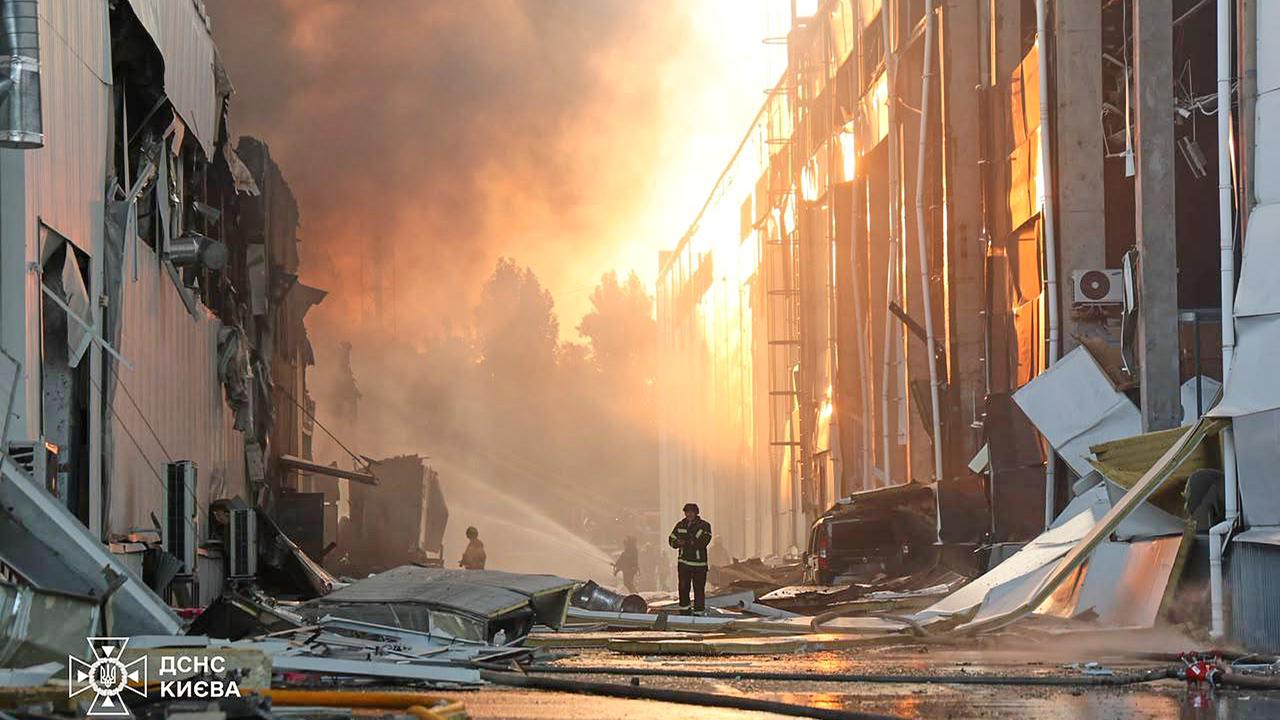 A fire following a Russian air attack in Kyiv, Ukraine