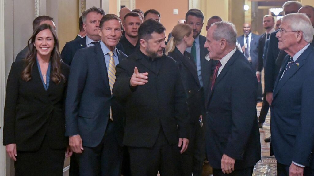 Volodymyr Zelenskiy met US senators while in Washington, where Ukraine’s successes have played well.
