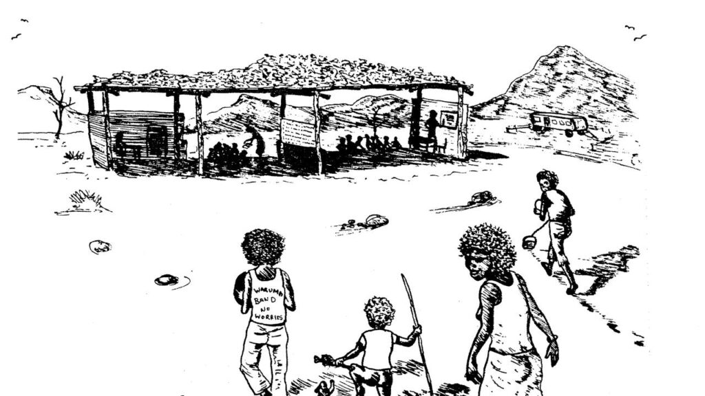 One of the illustrations, by Thomas Stevens Tjapangati, shows a teenager in a Warumpi Band singlet.

