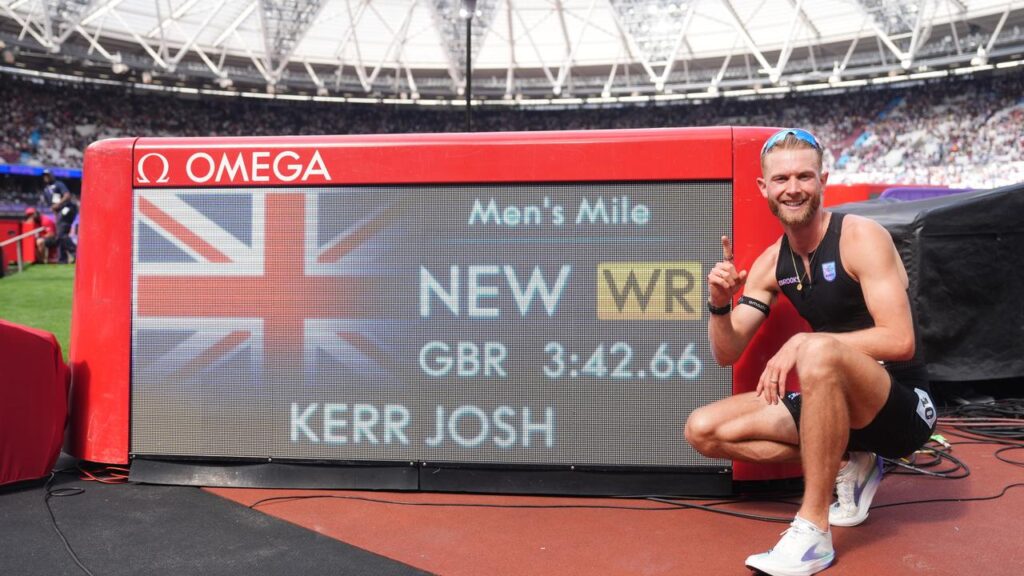 Britain’s Josh Kerr has set a new mile world record at the London Diamond League meeting.
