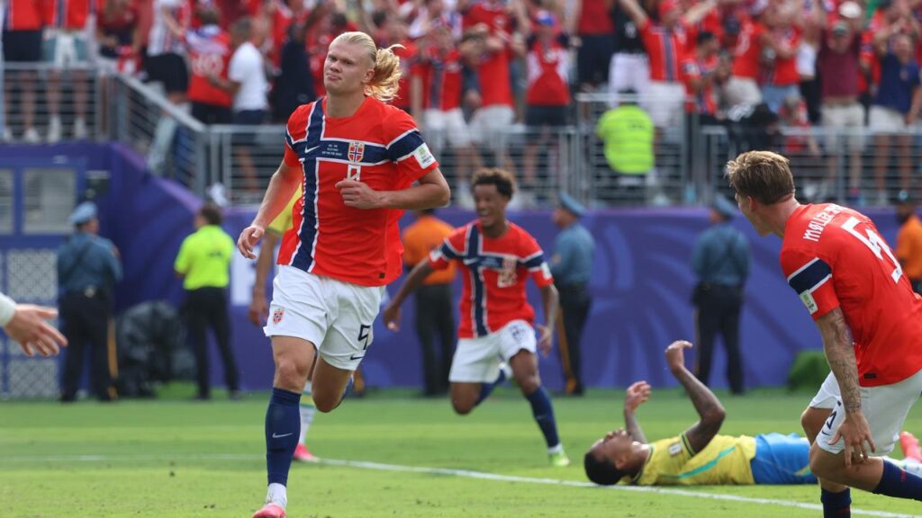 Erling Haaland has scored twice to beat Brazil and send Norway to the World Cup quarter-finals.
