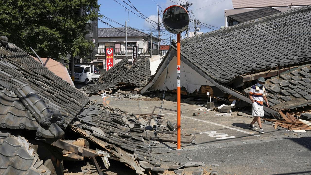 Houses collapsed in an earthquake in Yatsushiro, Japan