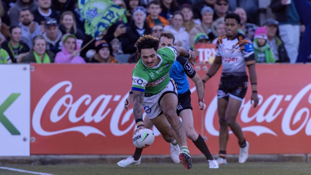 Flyer Xavier Savage scored one of 10 Canberra tries in a thumping win over the toothless Tigers.
