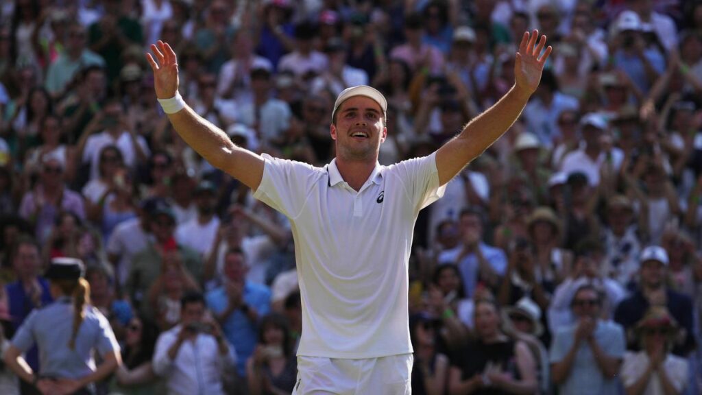 British hero Arthur Fery reacts with some incredulity to reaching the semi-finals of Wimbledon.
