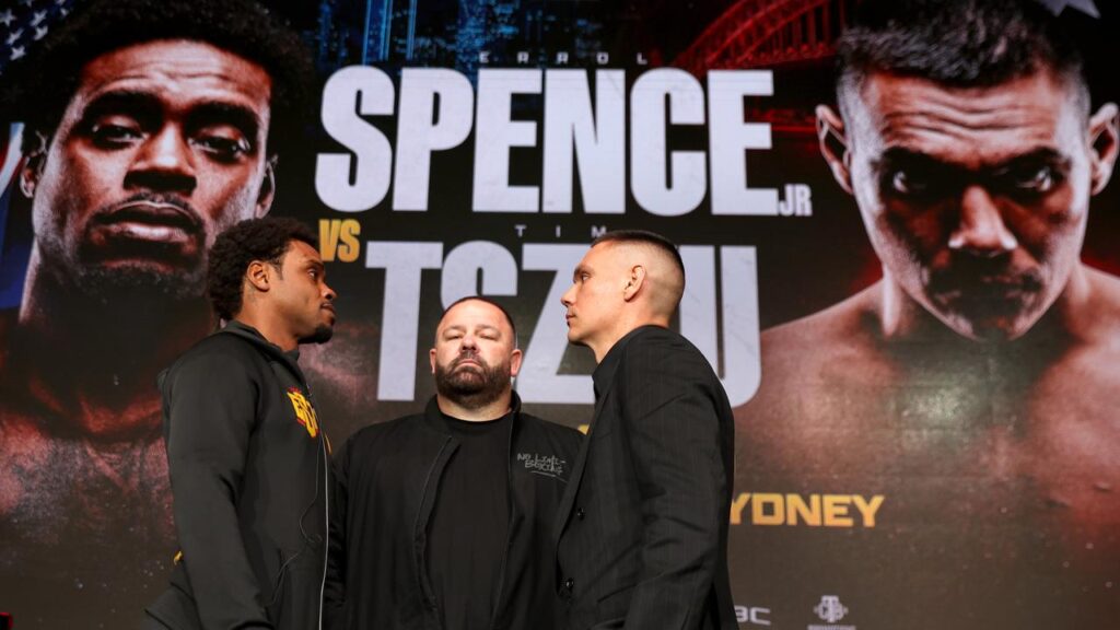  Tim Tszyu and Errol Spence Jr (l) face off ahead of their high stakes fight on Saturday.
