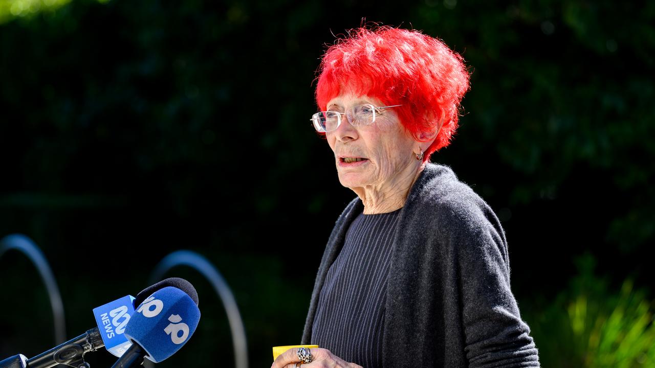 woman addresses media