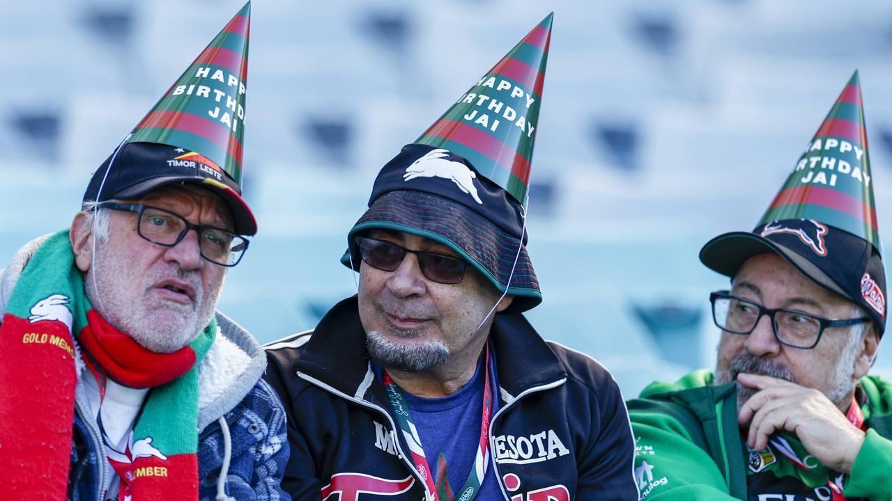 Men wear birthday hats as