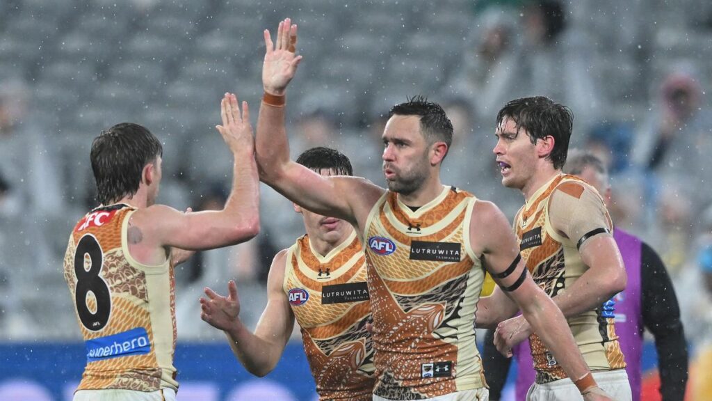 Hawthorn have made light of atrocious weather conditions to give the Blues a bath.
