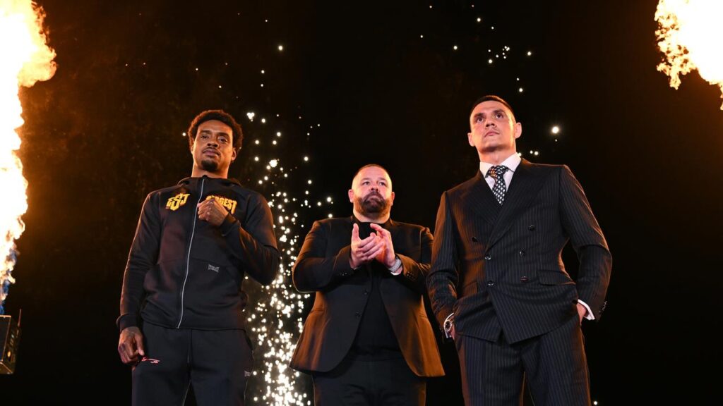 Errol Spence Jr and Tim Tszyu share the spotlight in Sydney before Sunday’s fight.
