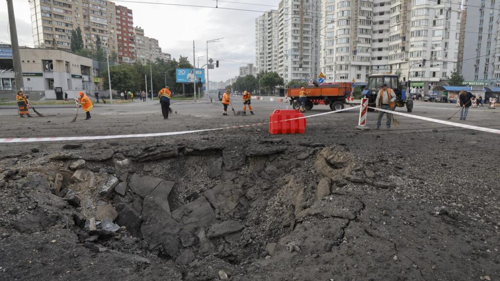Authorities say at least 10 were injured in a massive combined Russian attack on Kyiv overnight.
