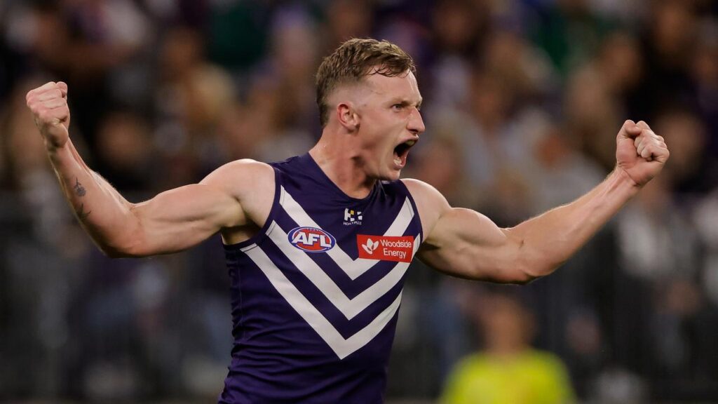 Josh Treacy booted three goals in his 100th game for Fremantle as they beat the Western Bulldogs.
