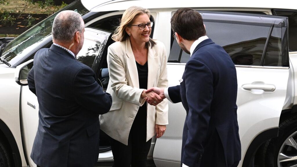 A flashback to happier times for Jacinta Allan when she arrived to be sworn-in as premier in 2023.
