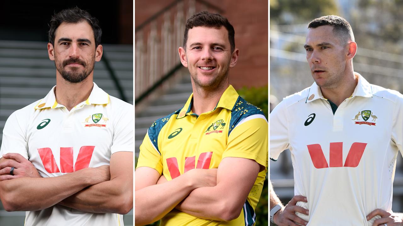 (L-R) Mitchell Starc, Josh Hazlewood and Scott Boland.
