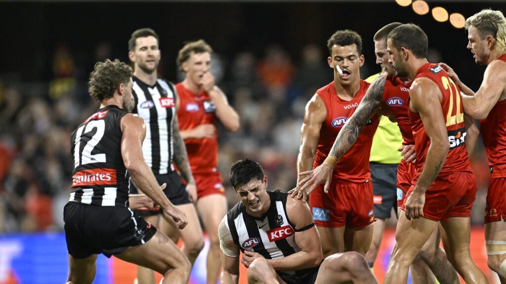 Gold Coast’s Ben Long (No.22) faced the tribunal for this clash with Brayden Maynard.
