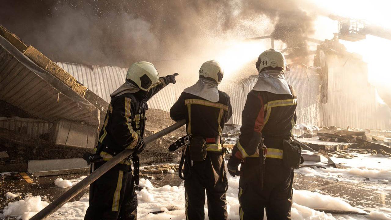 A fire following a Russian air attack in Kyiv, Ukraine