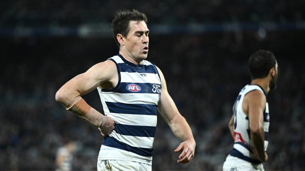 Geelong forward Jeremy Cameron was taken to hospital after injuring his collarbone.
