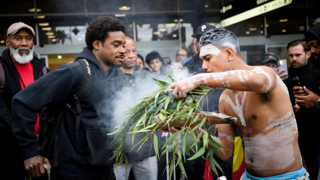 Errol Spence Jr was treated to a Welcome to Country smoking ceremony after arriving in Sydney. 
