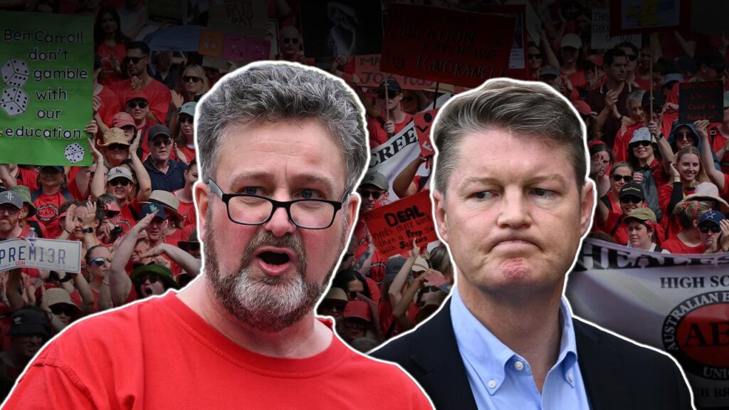 The AEC’s Justin Mullaly and Education Minister Ben Carroll are at odds over the offer to teachers.
