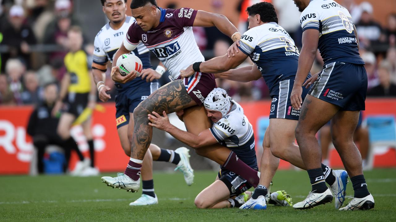 Manly's Haumole Olakau'atu proved quite a handful for the Cowboys.