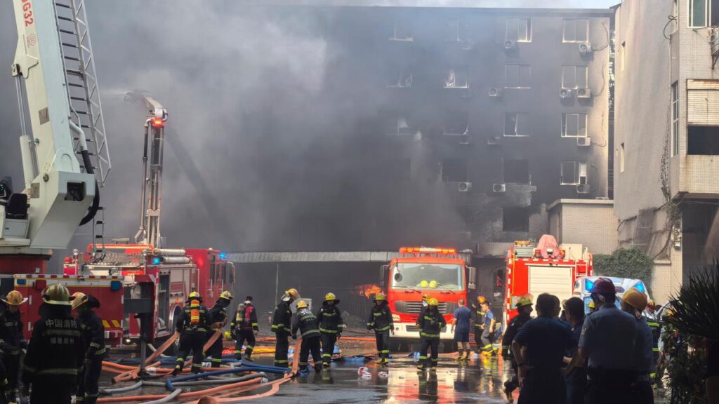 A blaze started at a factory in Huiteng shoe company in the city of Jinjiang, authorities say.
