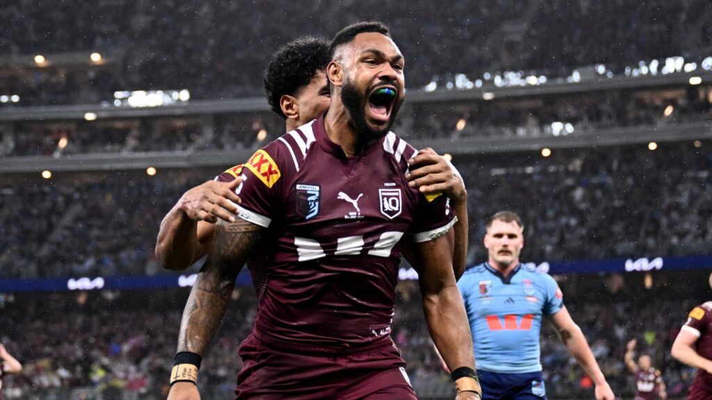 Hamiso Tabuai-Fidow makes a habit of celebrating tries for Queensland.
