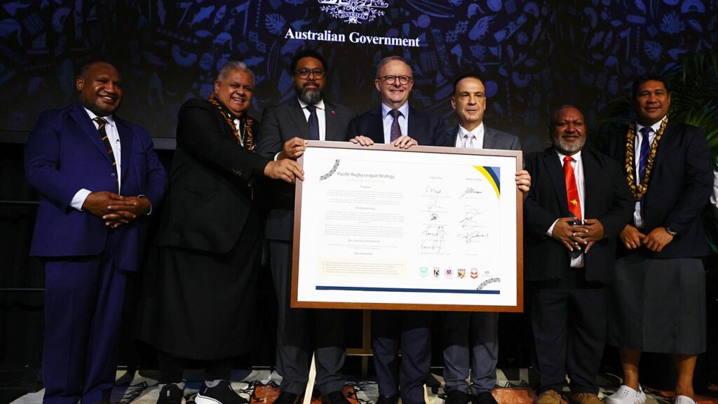 A host of prime ministers were on hand for the signing of the Pacific rugby league partnership.
