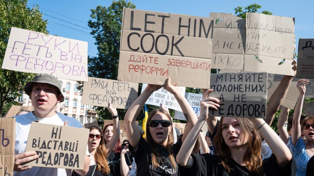 Ukrainians have rallied against Volodymyr Zelenskiy’s decision to dismiss the defence minister.
