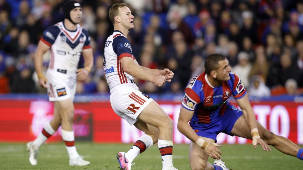 Daly Cherry-Evans watches his match-winning field goal as the Sydney Roosters pipped Newcastle.
