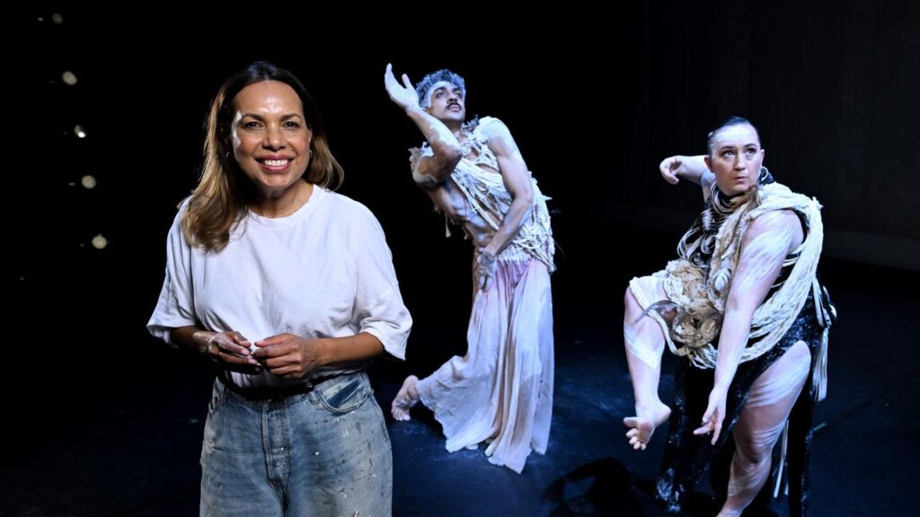 Frances Rings, of Bangarra Dance Theatre, with dancers Daniel Mateo and Chantelle Lee Lockhart.
