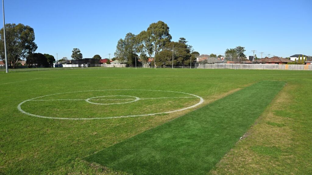 The cricket pitch is seen on the oval at the Lalor Recreation Reserve in Melbourne.
