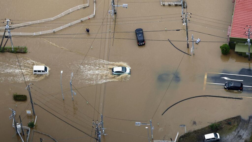 Roads were inundated in the Chiba area after more than 360mm of rain fell in 24 hours.
