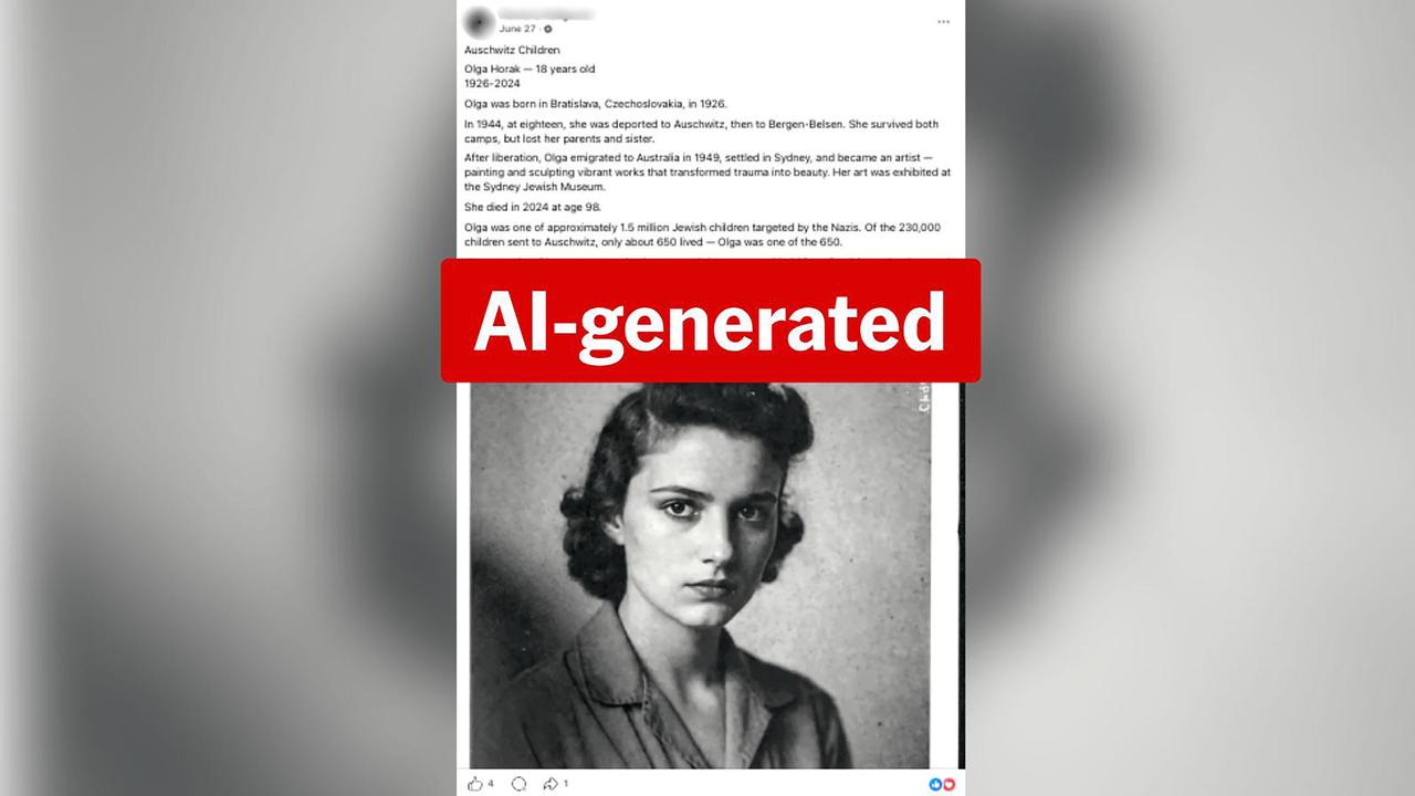 A Facebook post showing the AI image of Olga Horak.