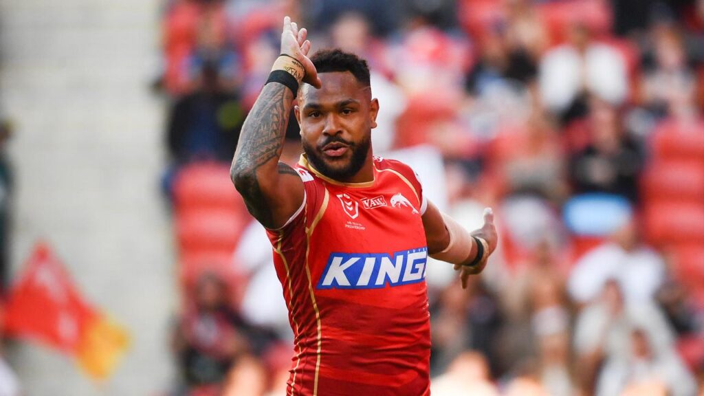 Hamiso Tabuai-Fidow celebrates tries with an iconic reference to his Torres Strait Islands totem.
