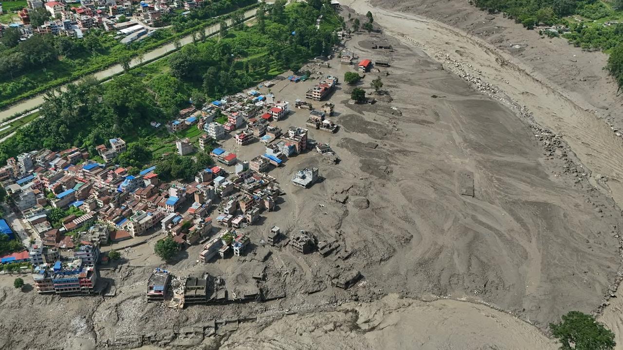 Damaged houses after a massive flash flood in Nepal