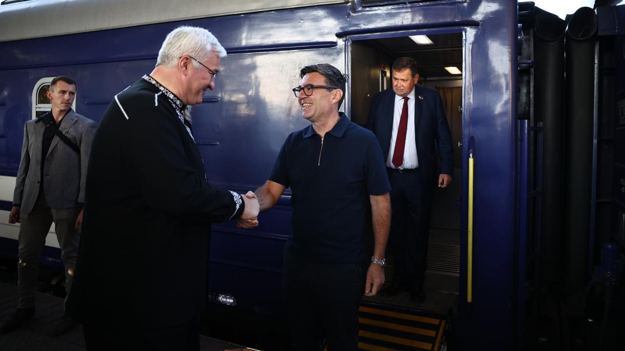 Ukraine's Andrii Sybiha greets UK Prime Minister Andy Burnham in Kyiv
