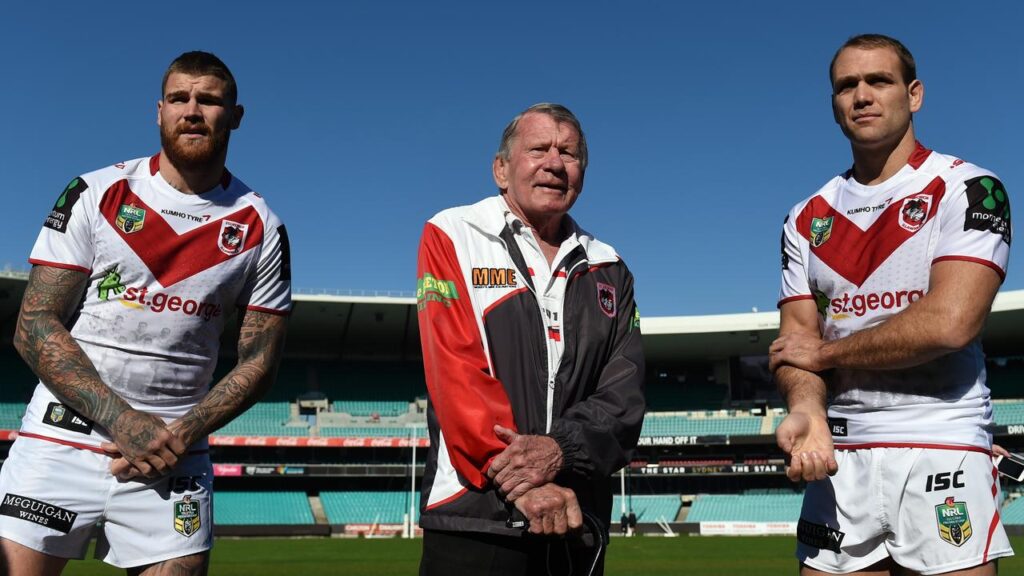 Billy Smith (centre) at the NRL’s heritage round in 2015 with Josh Dugan and Jason Nightingale.
