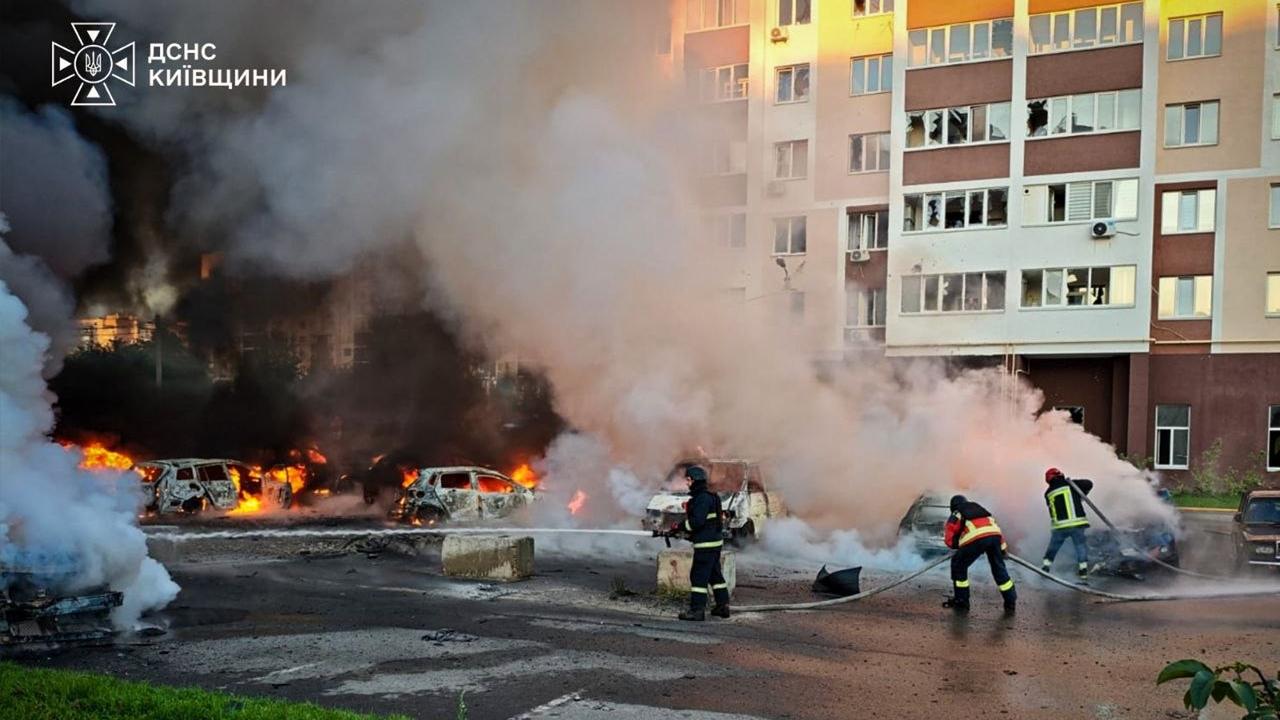 Fire after a Russian drone attack in Kyiv region