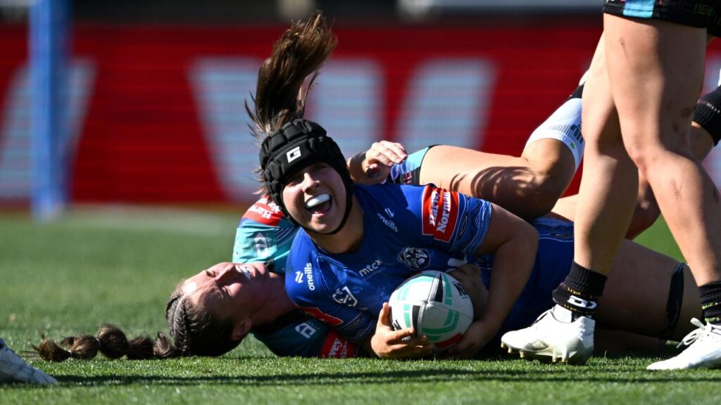 Bench forward Hope Millard scores for Canterbury in their NRLW win over North Queensland.
