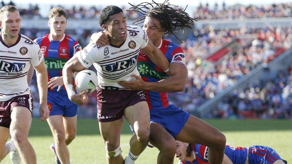 Dom Young’s tackle on Manly’s Tolutau Koula has earned the Newcastle winger a week off.
