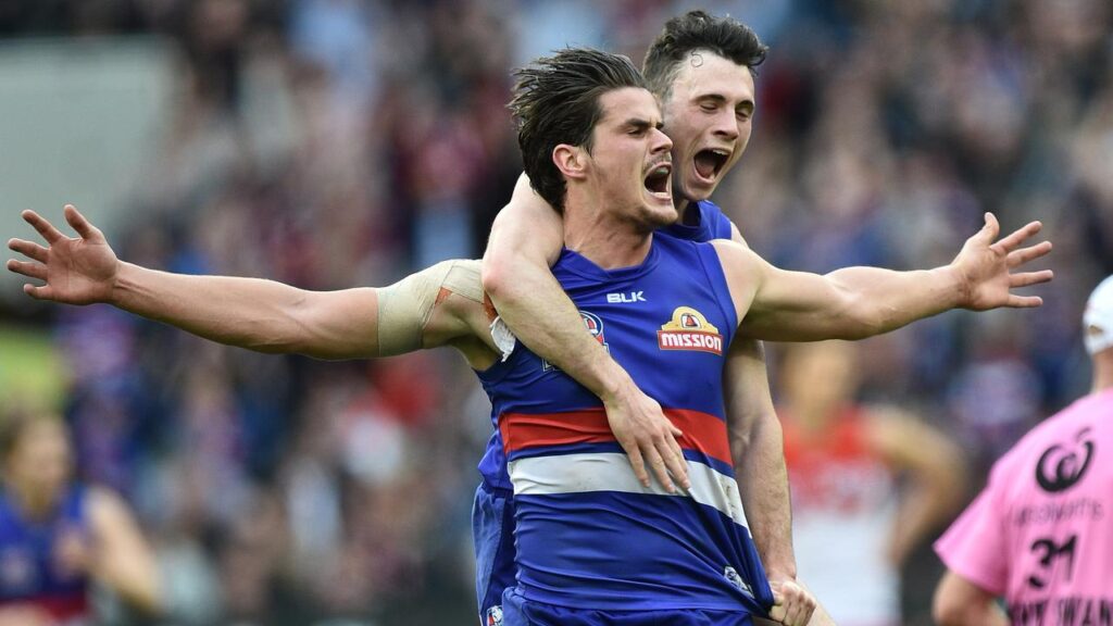 Tom Boyd celebrates with Toby McLean after his massive last-quarter goal in the 2016 grand final.
