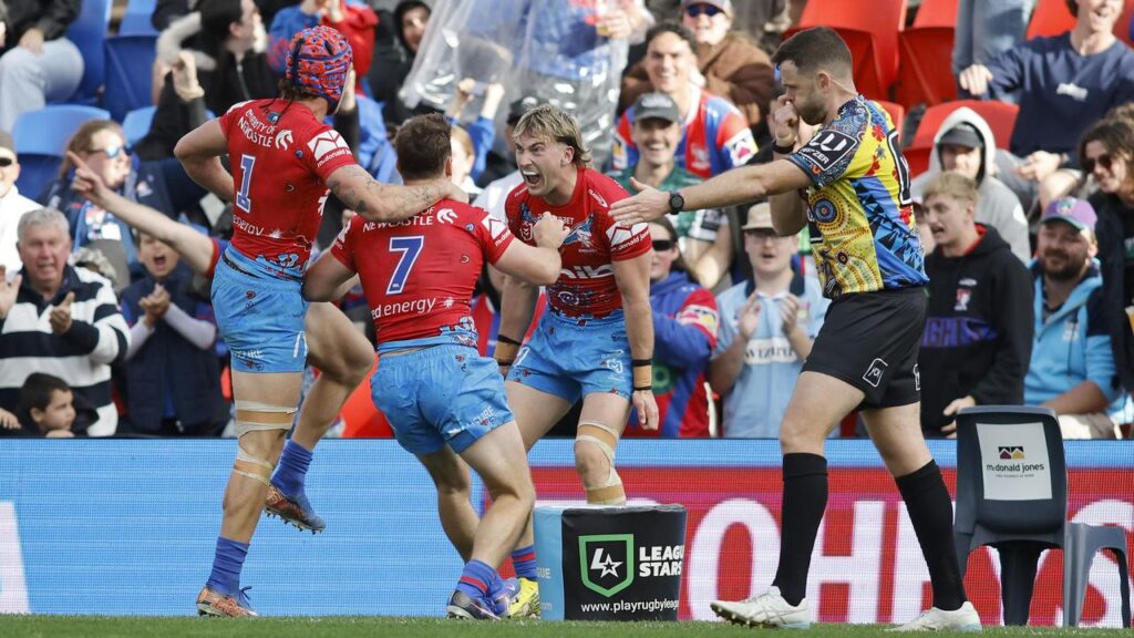 Fletcher Sharpe (c) scored two tries for Newcastle as they beat Gold Coast.
