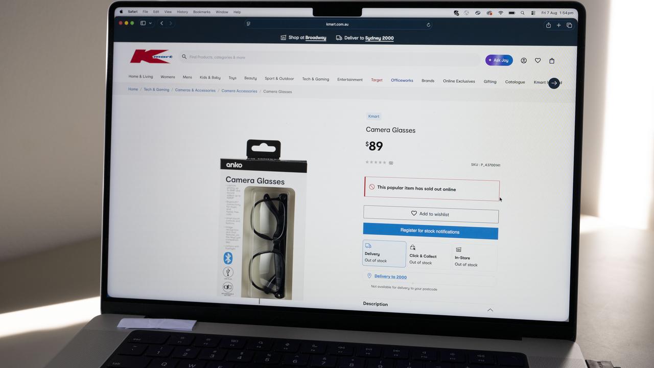 Kmart's website showing its sold out Camera Glasses